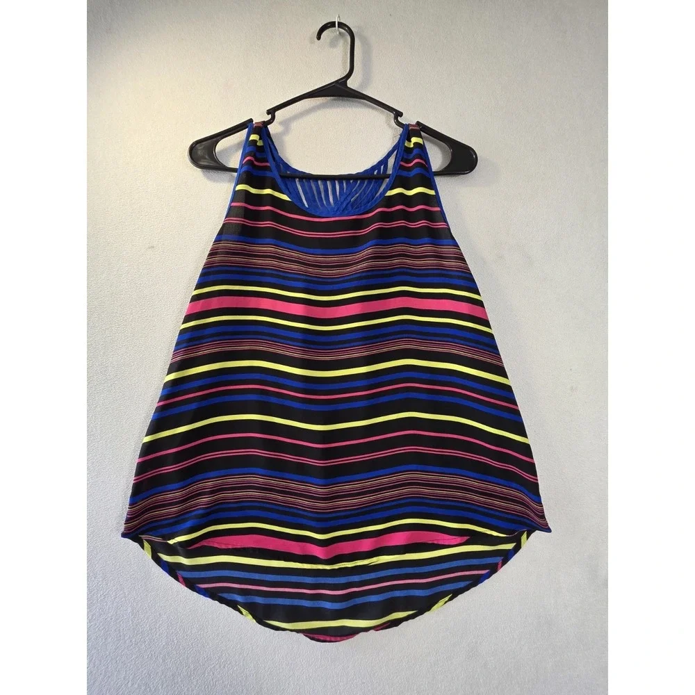 Women's L Striped Sleeveless Tank Top Blue Pink Yellow Braided Back Boho Casual